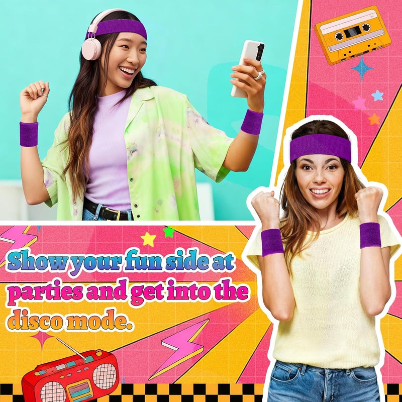 Mindow Neon Sweatbands Set, 80s Headband and Wristband Sweatbands for Women Men, Wicking Bands for Sports, Party Costume Accessories - Image 4